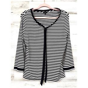 Talbots Womens M Black White Stripe Ribbon Tie Knit 3/4 Sleeve Casual Blouse